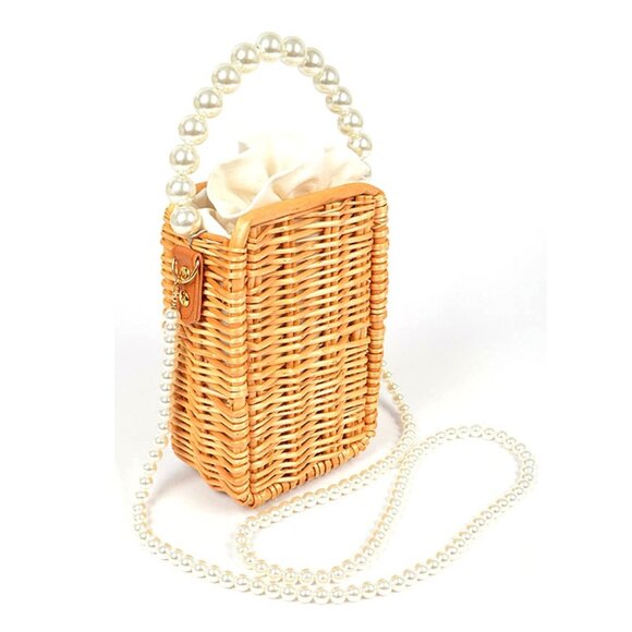 BNWT Bamboo Weaved Summer Convertible Clutch Bag Pearl Handle Bucket Bag - Picture 1 of 5